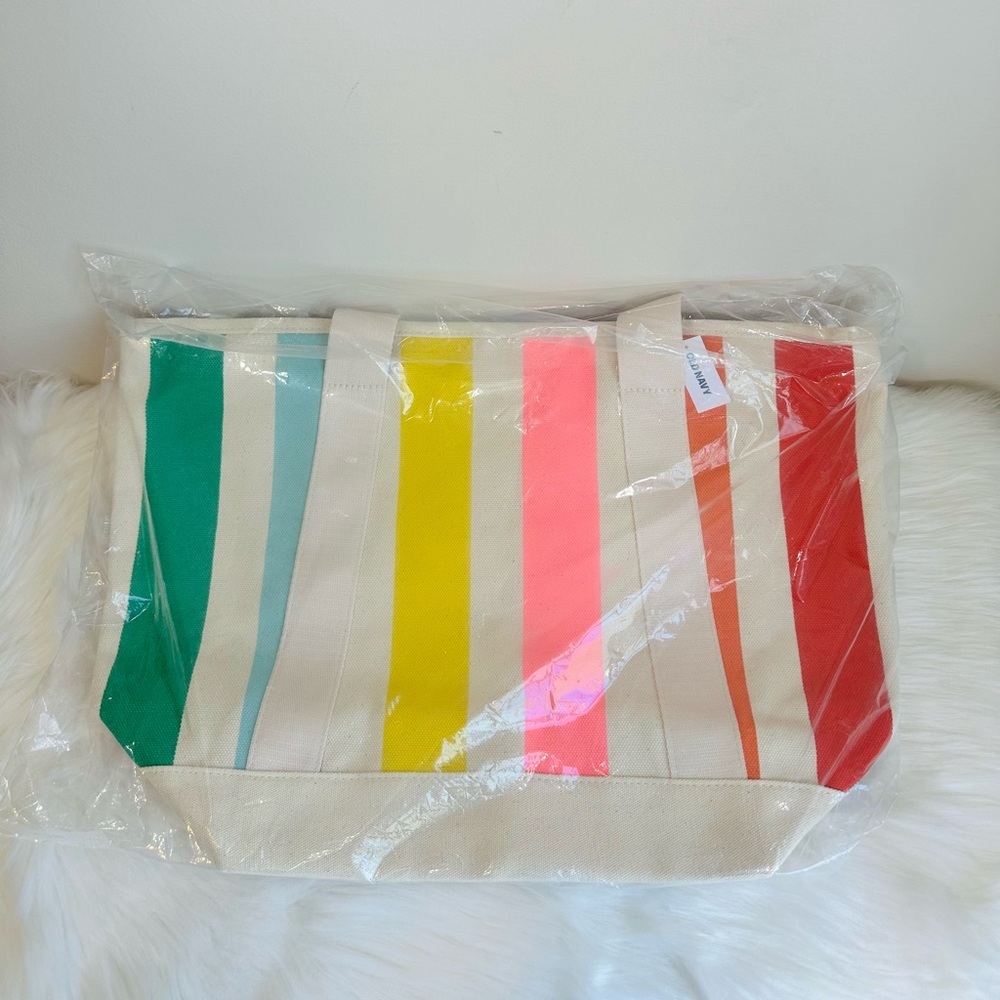 NWT Old Navy Multi Stripe Graphic Large Canvas Tote Beach Bag - Picture 4 of 9